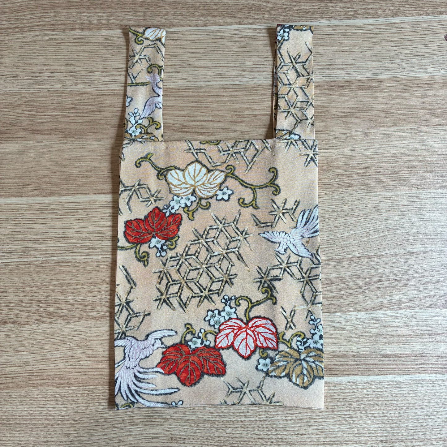 Túi eco tái chế kimono zivun | Nền be, họa tiết hạc và cỏ cây, phong cách Wa-modern, độc nhất vô nhị, túi phụ 32x26cm [OLD FLIP]