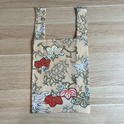 Túi eco tái chế kimono zivun | Nền be, họa tiết hạc và cỏ cây, phong cách Wa-modern, độc nhất vô nhị, túi phụ 32x26cm [OLD FLIP]