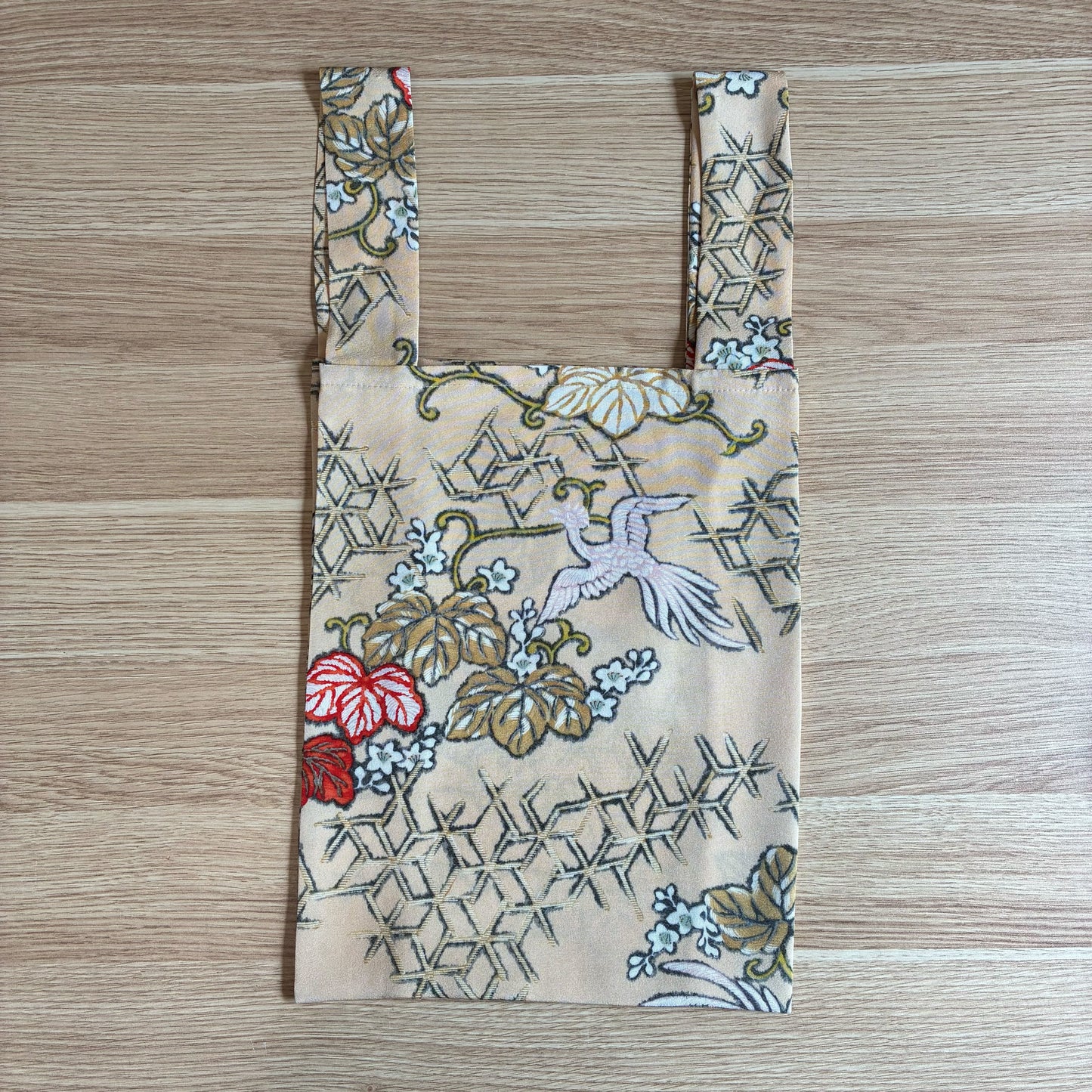 Túi eco tái chế kimono zivun | Nền be, họa tiết hạc và cỏ cây, phong cách Wa-modern, độc nhất vô nhị, túi phụ 32x26cm [OLD FLIP]