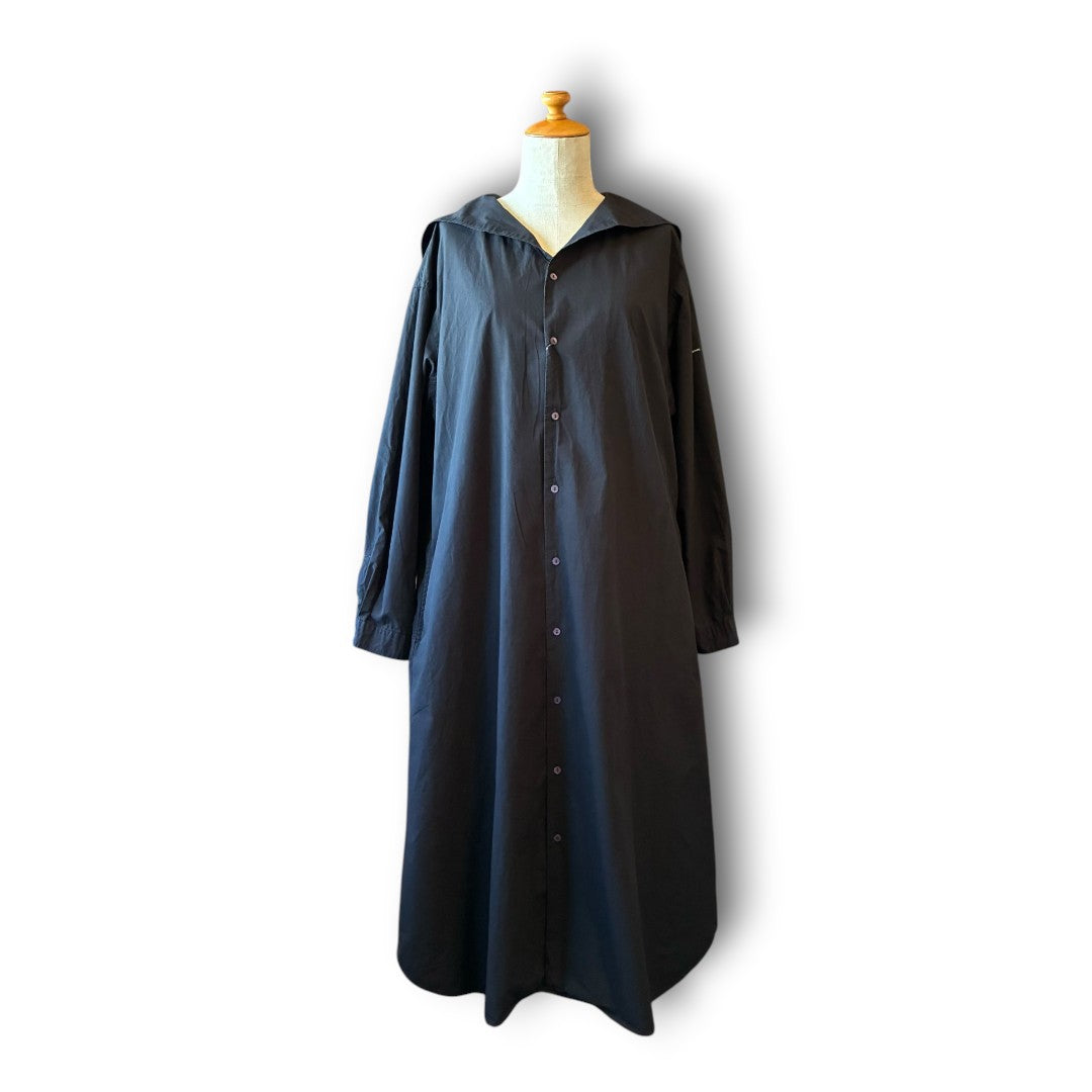 One-of-a-Kind Black Dyed Sailor Collar Shirt Dress | Japanese Reworked Long Dress | zivun