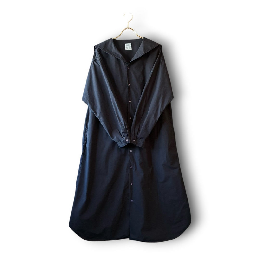One-of-a-Kind Black Dyed Sailor Collar Shirt Dress | Japanese Reworked Long Dress | zivun