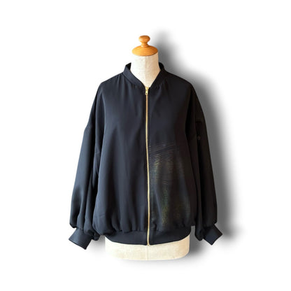 zivun Sheer MA-1 Black-Tomesode Balloon Jacket | Gold Foil Pattern | Reconstructed Design | Lightweight One-of-a-Kind | OLD FLIP