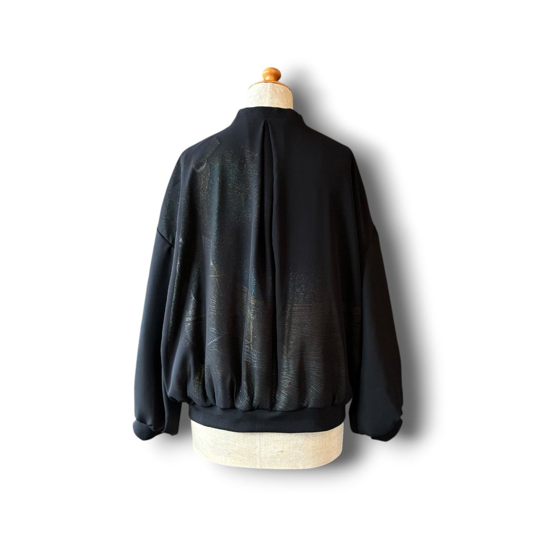 zivun Sheer MA-1 Black-Tomesode Balloon Jacket | Gold Foil Pattern | Reconstructed Design | Lightweight One-of-a-Kind | OLD FLIP