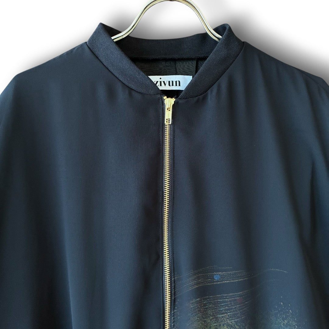 zivun Sheer MA-1 Black-Tomesode Balloon Jacket | Gold Foil Pattern | Reconstructed Design | Lightweight One-of-a-Kind | OLD FLIP