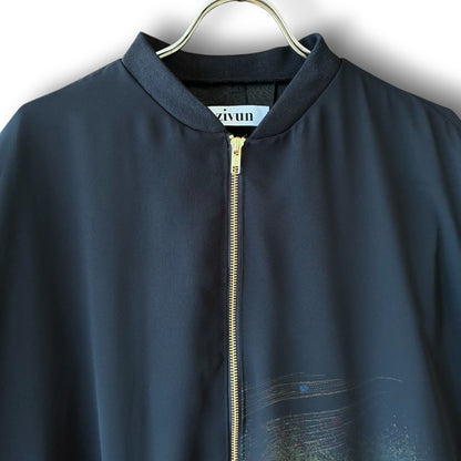 zivun Sheer MA-1 Black-Tomesode Balloon Jacket | Gold Foil Pattern | Reconstructed Design | Lightweight One-of-a-Kind | OLD FLIP