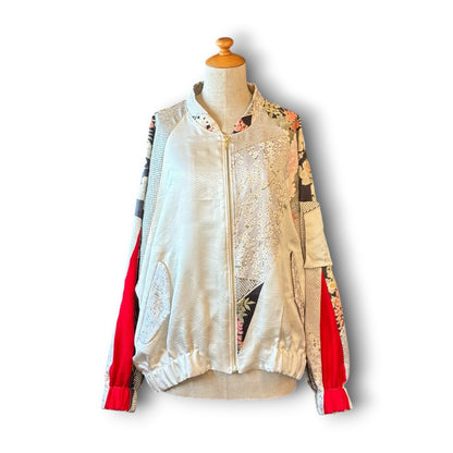 One-of-a-Kind Reconstructed Furisode Kimono MA-1 Jacket | Silver Floral Patchwork Bomber | zivun