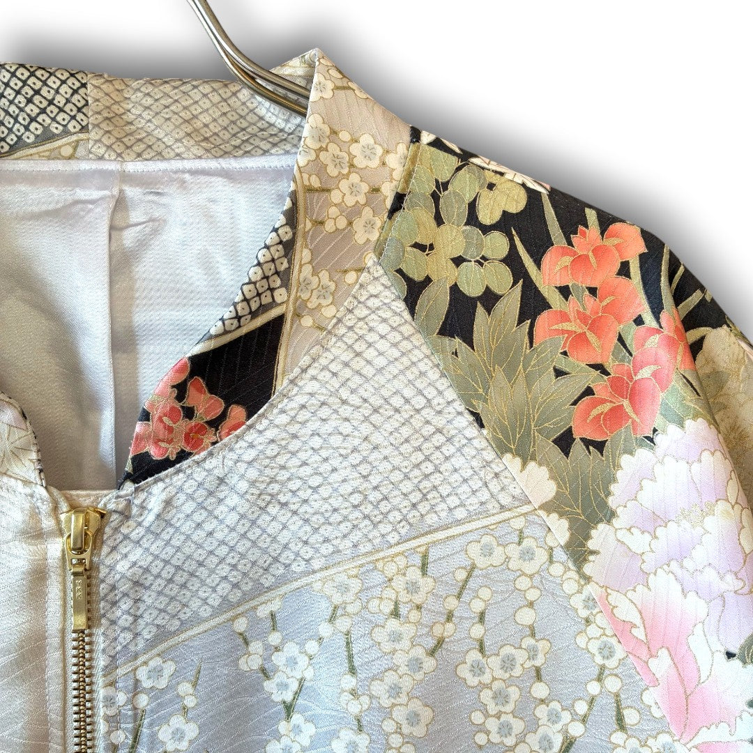 One-of-a-Kind Reconstructed Furisode Kimono MA-1 Jacket | Silver Floral Patchwork Bomber | zivun