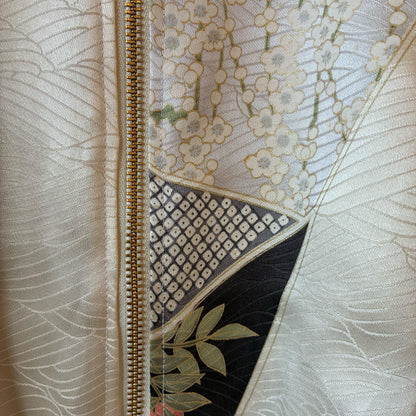 One-of-a-Kind Reconstructed Furisode Kimono MA-1 Jacket | Silver Floral Patchwork Bomber | zivun