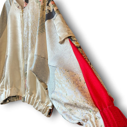 One-of-a-Kind Reconstructed Furisode Kimono MA-1 Jacket | Silver Floral Patchwork Bomber | zivun
