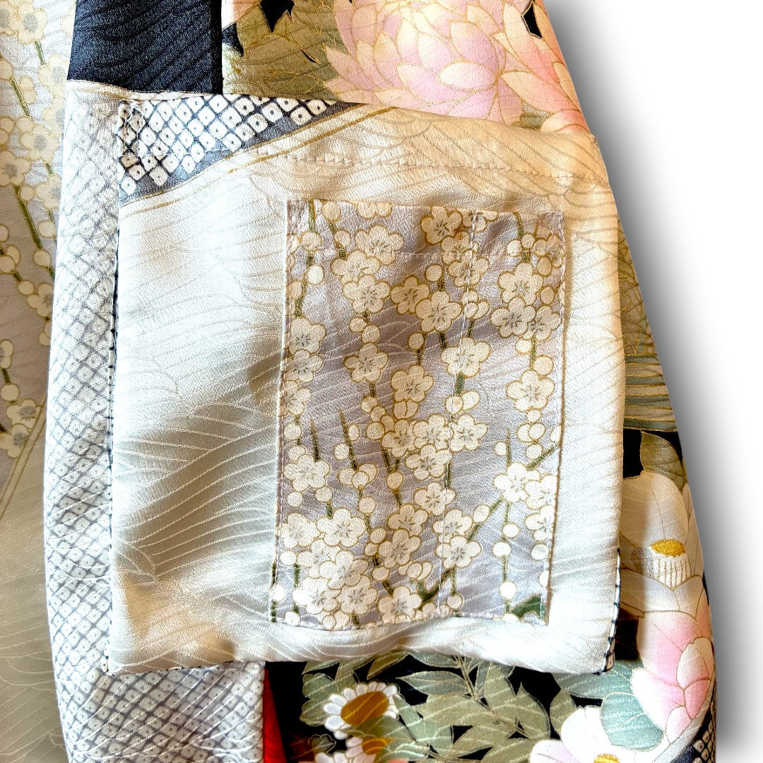 One-of-a-Kind Reconstructed Furisode Kimono MA-1 Jacket | Silver Floral Patchwork Bomber | zivun