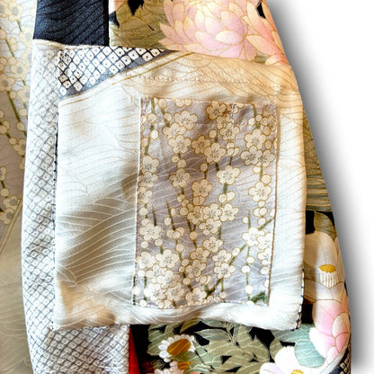 One-of-a-Kind Reconstructed Furisode Kimono MA-1 Jacket | Silver Floral Patchwork Bomber | zivun
