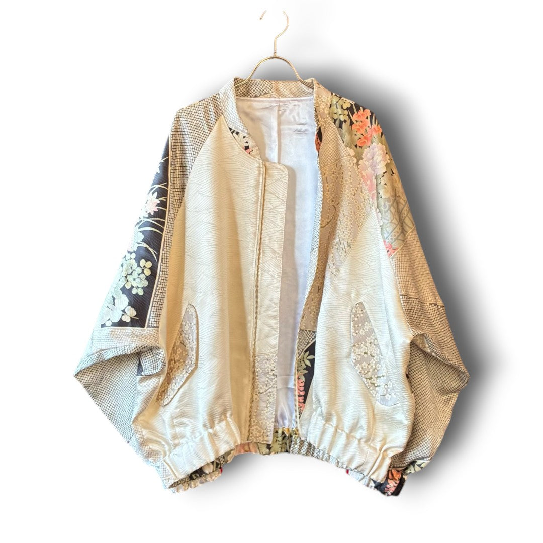 One-of-a-Kind Reconstructed Furisode Kimono MA-1 Jacket | Silver Floral Patchwork Bomber | zivun
