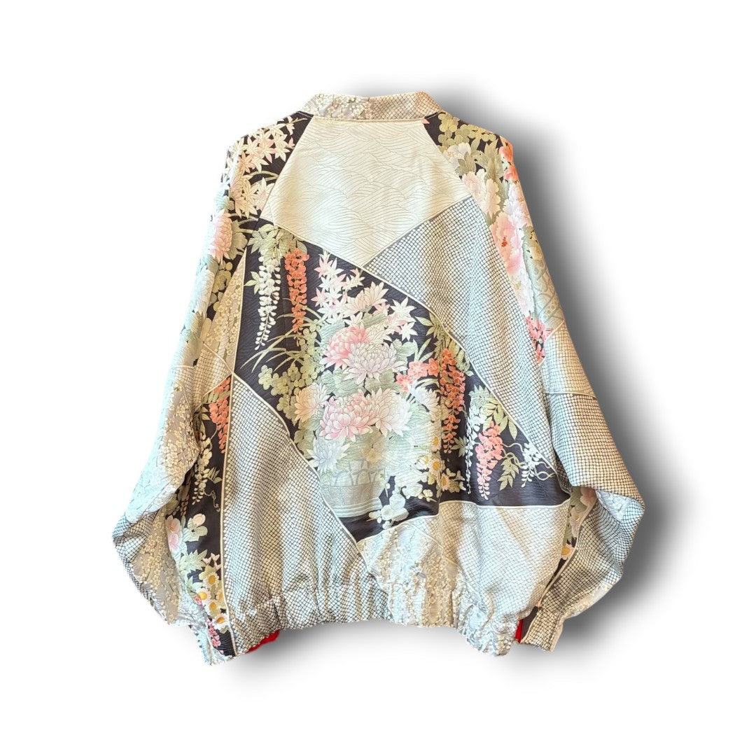 One-of-a-Kind Reconstructed Furisode Kimono MA-1 Jacket | Silver Floral Patchwork Bomber | zivun