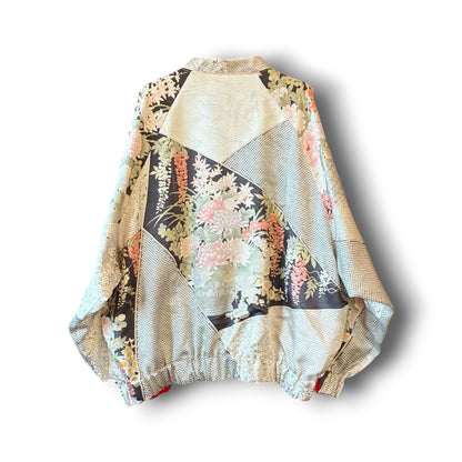 One-of-a-Kind Reconstructed Furisode Kimono MA-1 Jacket | Silver Floral Patchwork Bomber | zivun