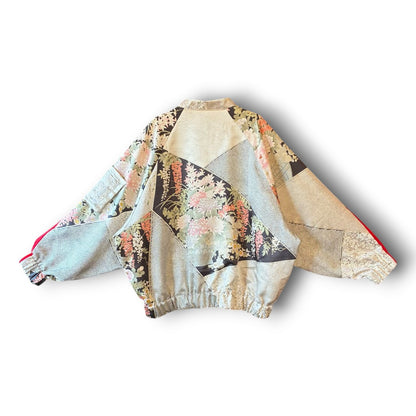 One-of-a-Kind Reconstructed Furisode Kimono MA-1 Jacket | Silver Floral Patchwork Bomber | zivun
