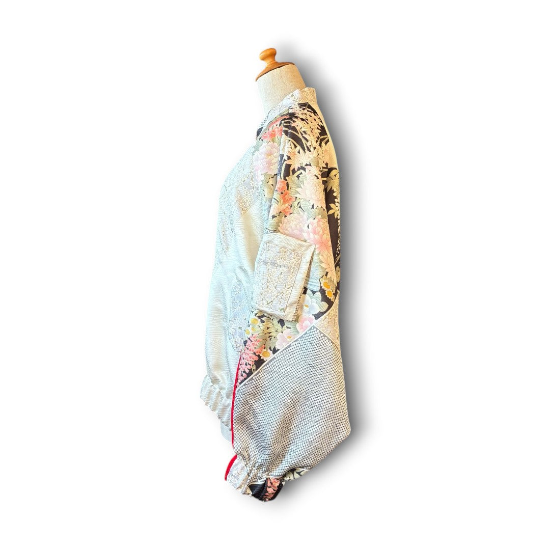 One-of-a-Kind Reconstructed Furisode Kimono MA-1 Jacket | Silver Floral Patchwork Bomber | zivun