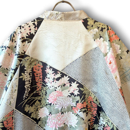 One-of-a-Kind Reconstructed Furisode Kimono MA-1 Jacket | Silver Floral Patchwork Bomber | zivun