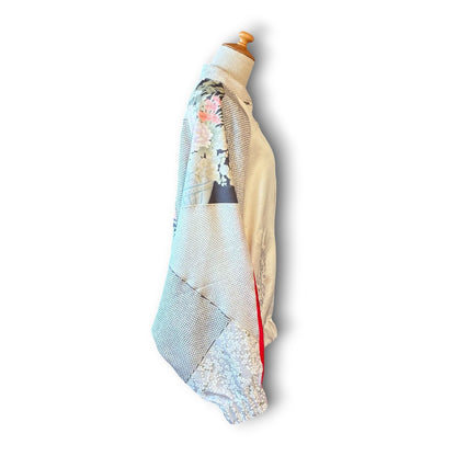 One-of-a-Kind Reconstructed Furisode Kimono MA-1 Jacket | Silver Floral Patchwork Bomber | zivun