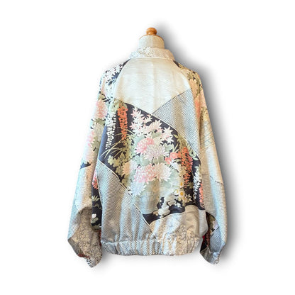 One-of-a-Kind Reconstructed Furisode Kimono MA-1 Jacket | Silver Floral Patchwork Bomber | zivun