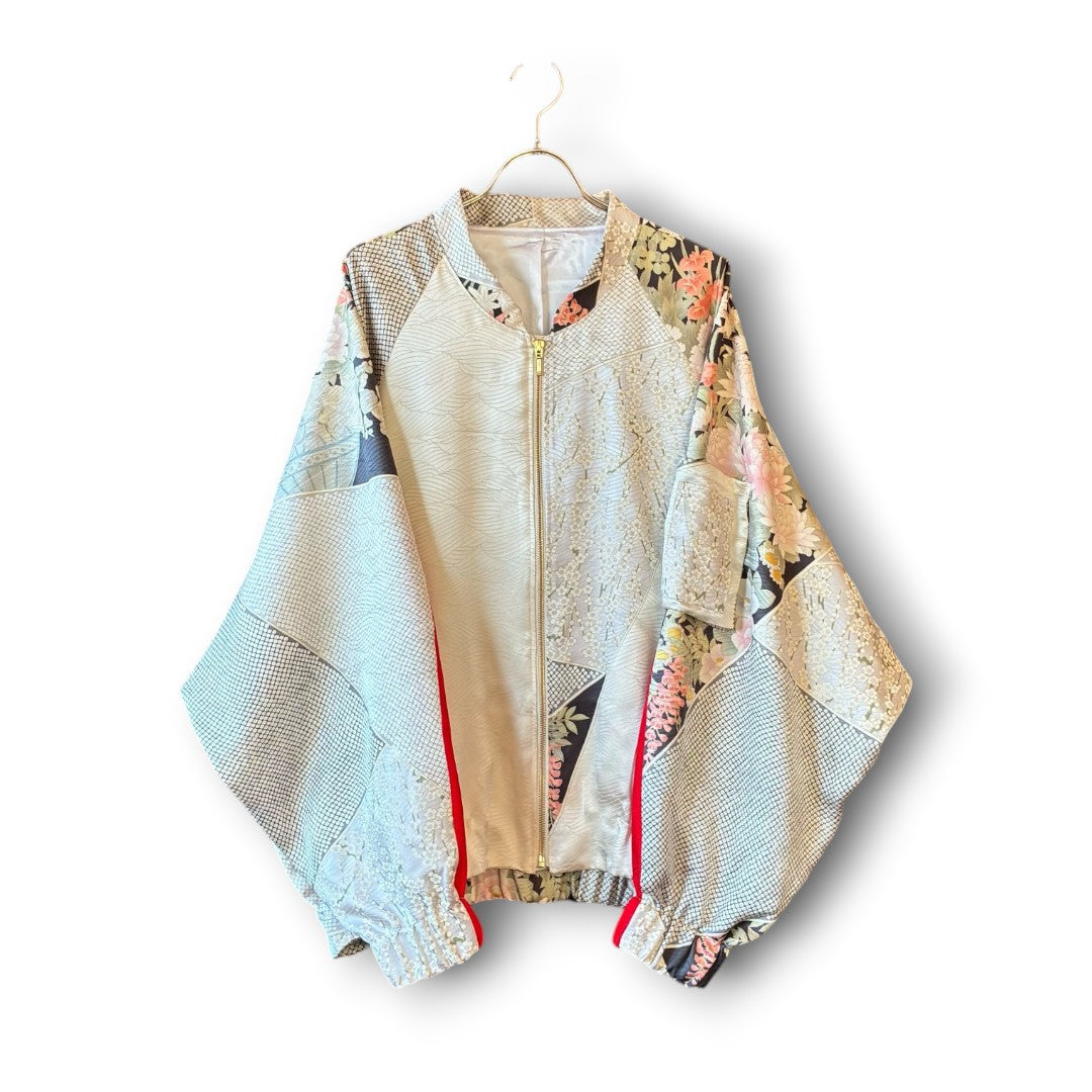 One-of-a-Kind Reconstructed Furisode Kimono MA-1 Jacket | Silver Floral Patchwork Bomber | zivun