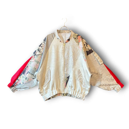 One-of-a-Kind Reconstructed Furisode Kimono MA-1 Jacket | Silver Floral Patchwork Bomber | zivun
