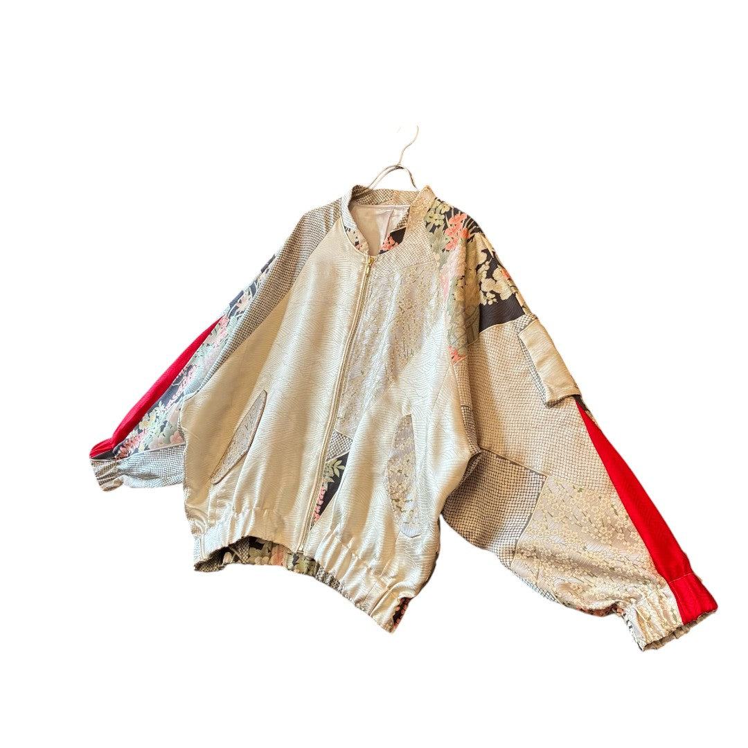 One-of-a-Kind Reconstructed Furisode Kimono MA-1 Jacket | Silver Floral Patchwork Bomber | zivun