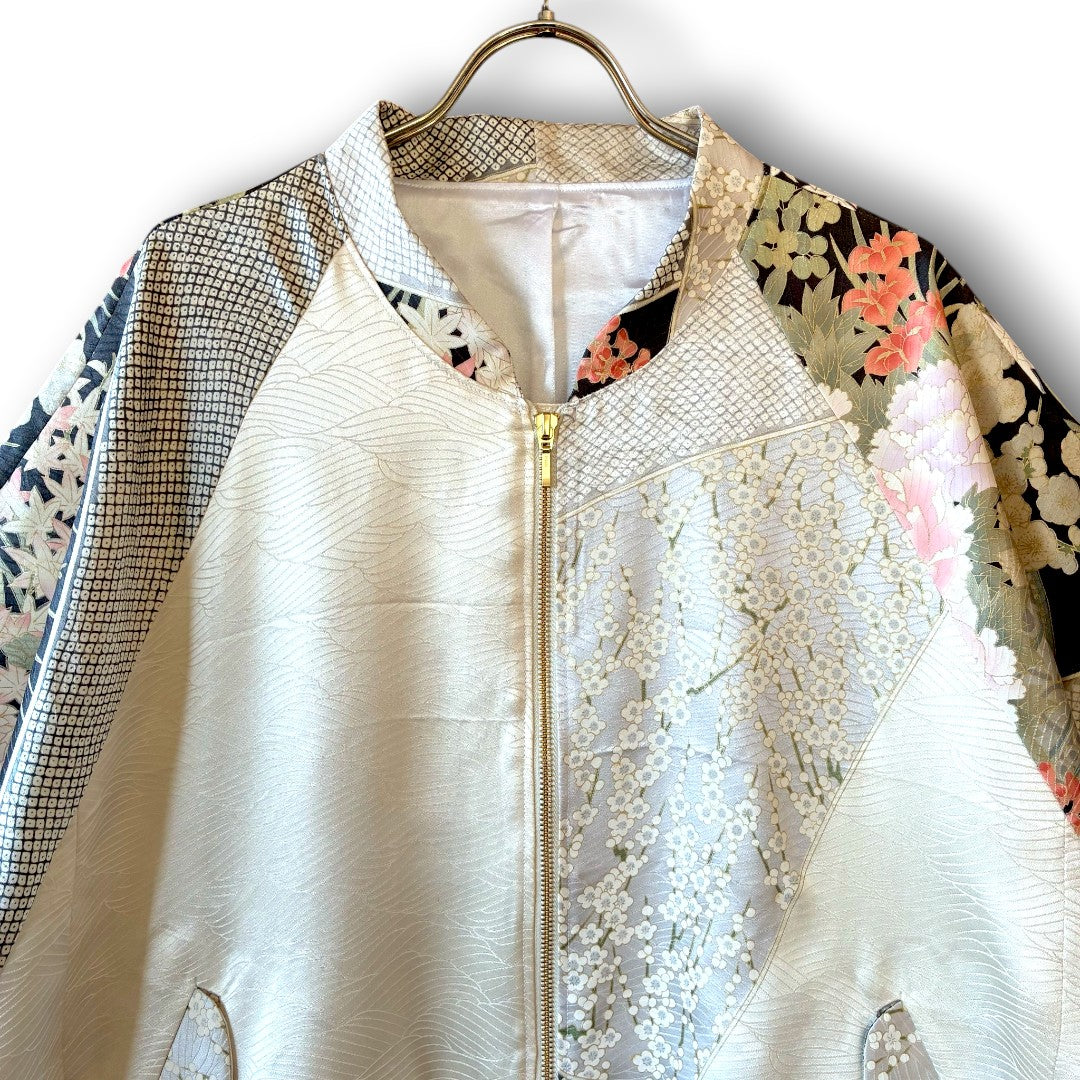 One-of-a-Kind Reconstructed Furisode Kimono MA-1 Jacket | Silver Floral Patchwork Bomber | zivun