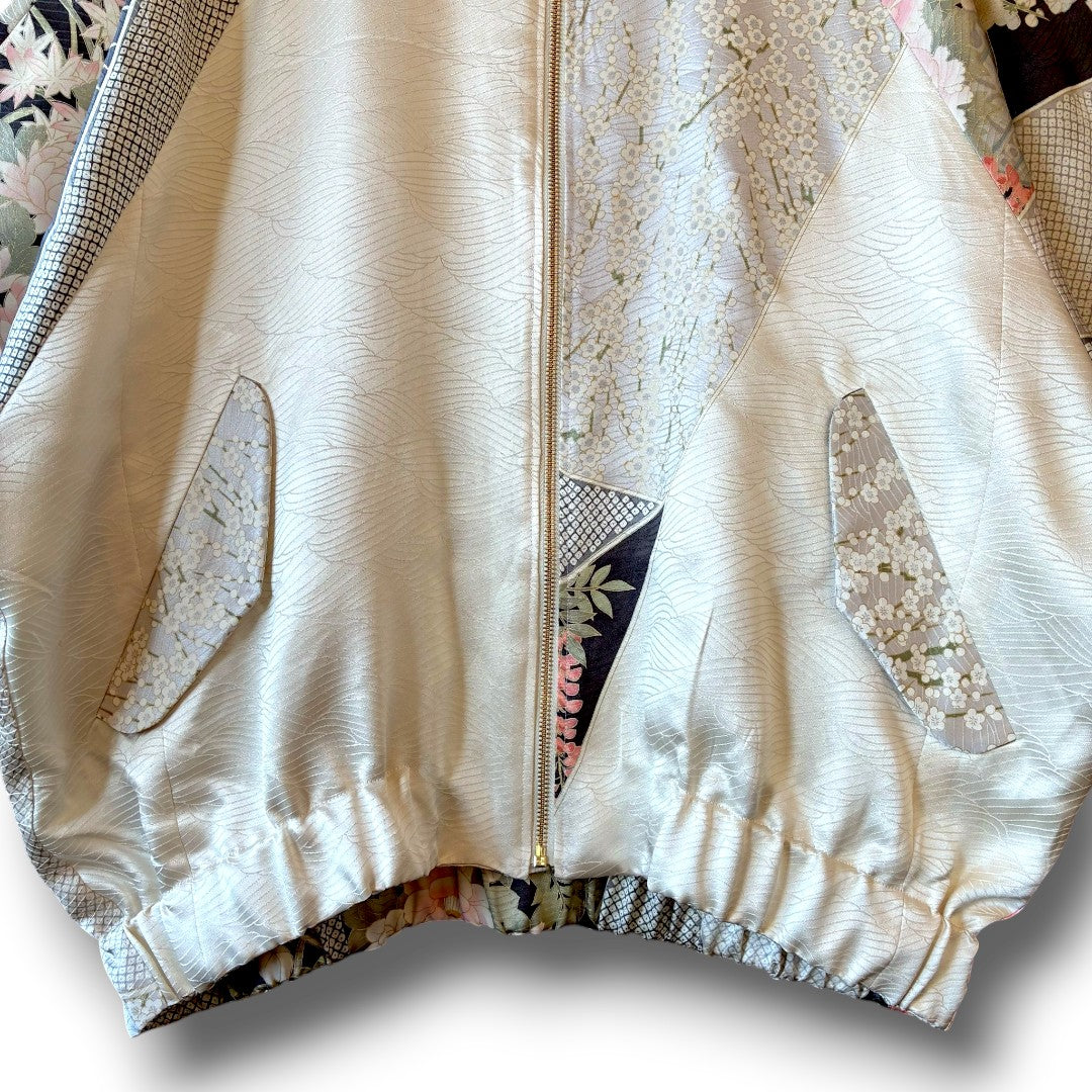 One-of-a-Kind Reconstructed Furisode Kimono MA-1 Jacket | Silver Floral Patchwork Bomber | zivun