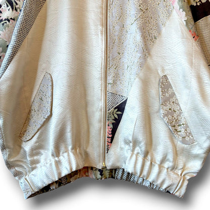 One-of-a-Kind Reconstructed Furisode Kimono MA-1 Jacket | Silver Floral Patchwork Bomber | zivun