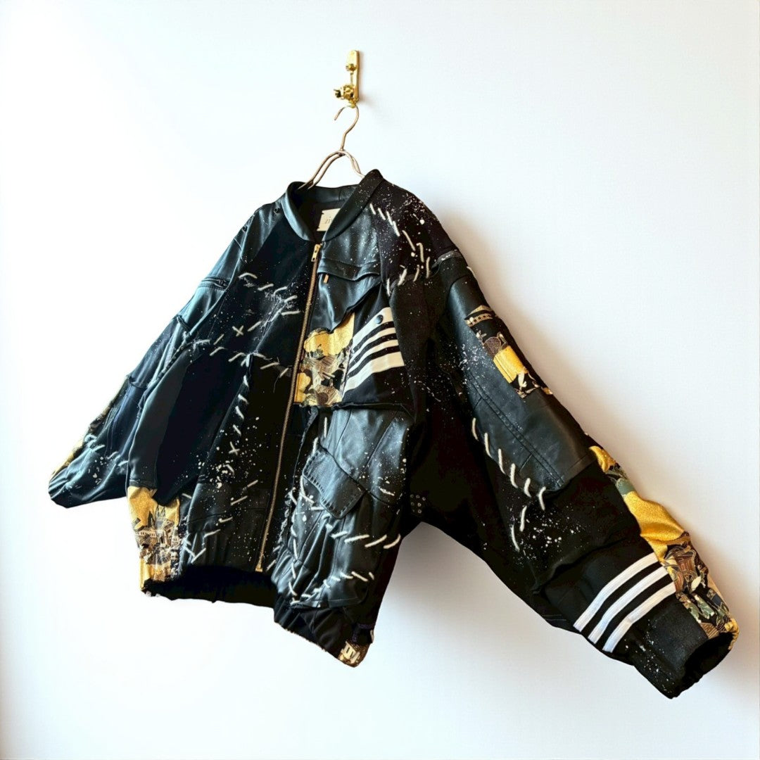 Kurotomesode × Leather Reconstructed MA-1 Jacket – “Aesthetic of Rebellion” | Unisex | One-of-a-kind