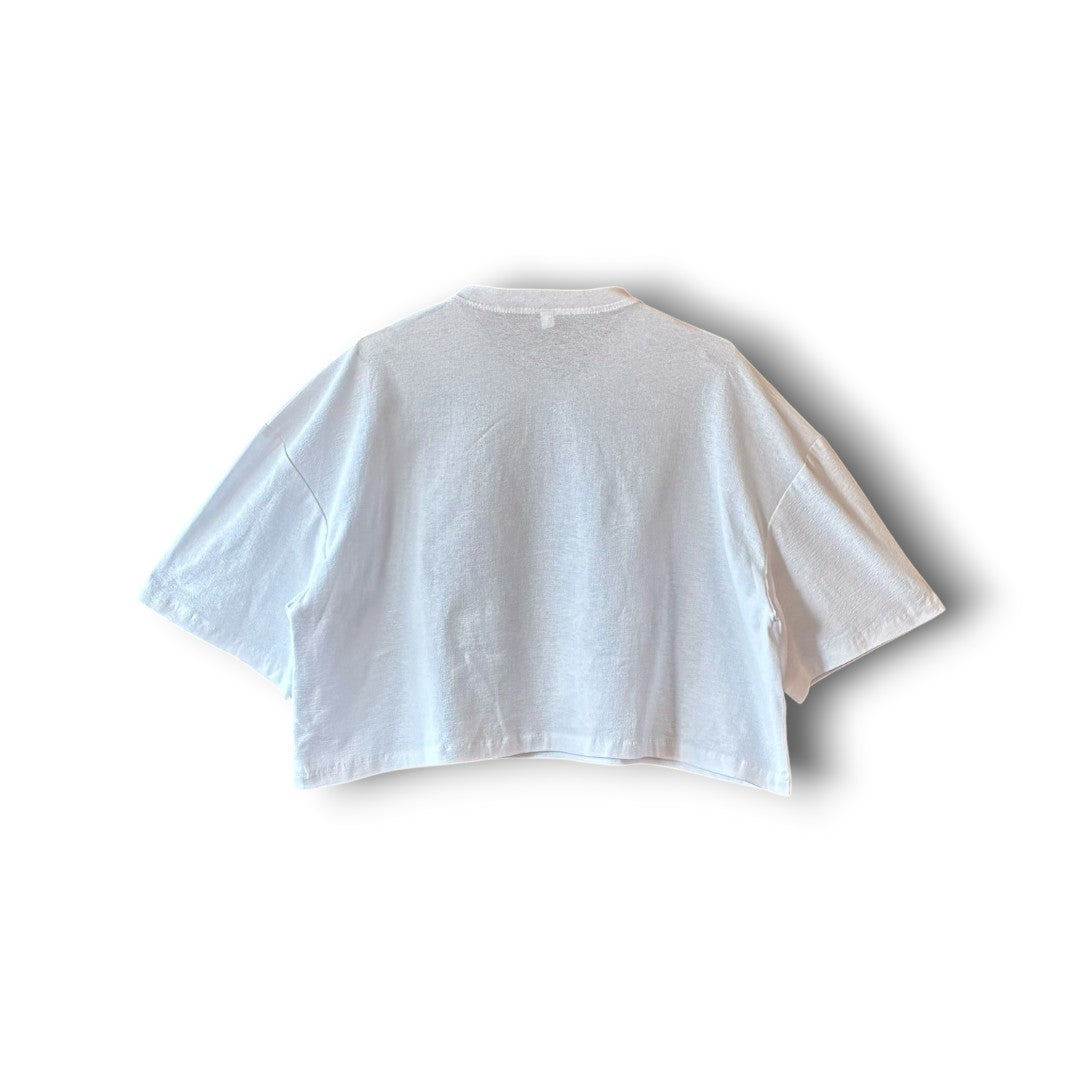 zivun Reconstructed Flower Patchwork Cropped T-Shirt | One-of-a-Kind White Tee | OLD FLIP