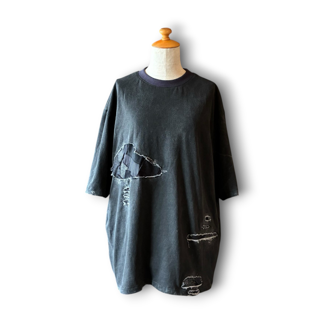 One-of-a-Kind Reconstructed Distressed Fade T-Shirt | Black Patchwork Design | zivun