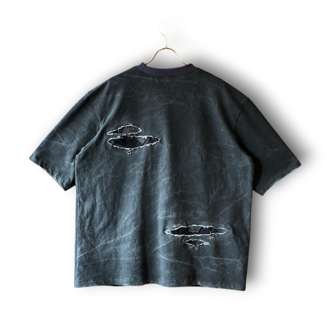 One-of-a-Kind Reconstructed Distressed Fade T-Shirt | Black Patchwork Design | zivun