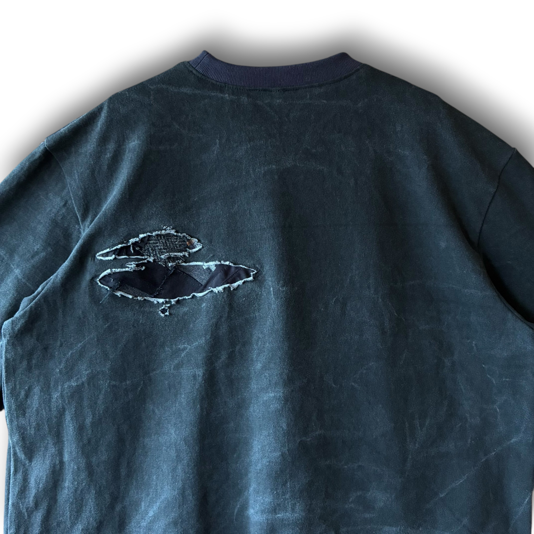 One-of-a-Kind Reconstructed Distressed Fade T-Shirt | Black Patchwork Design | zivun
