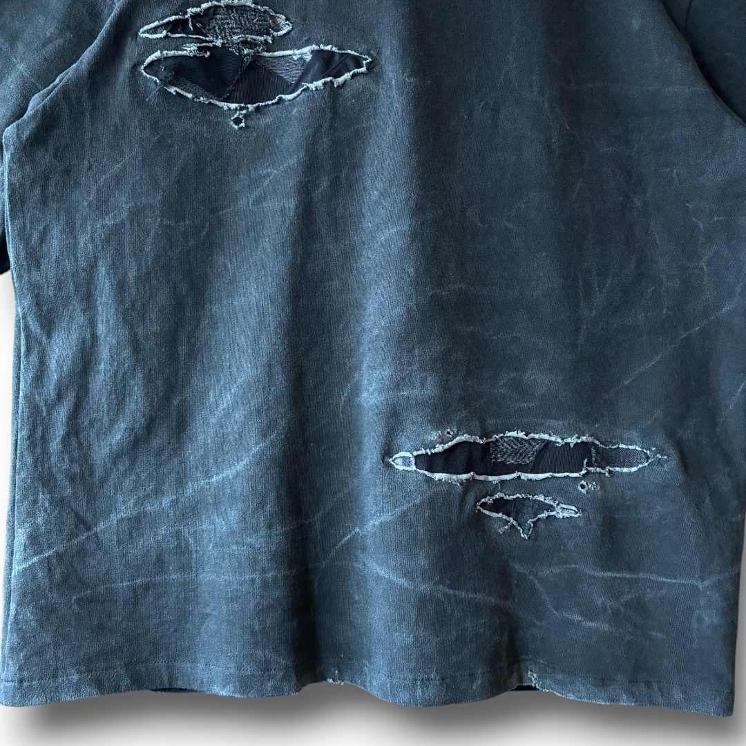 One-of-a-Kind Reconstructed Distressed Fade T-Shirt | Black Patchwork Design | zivun