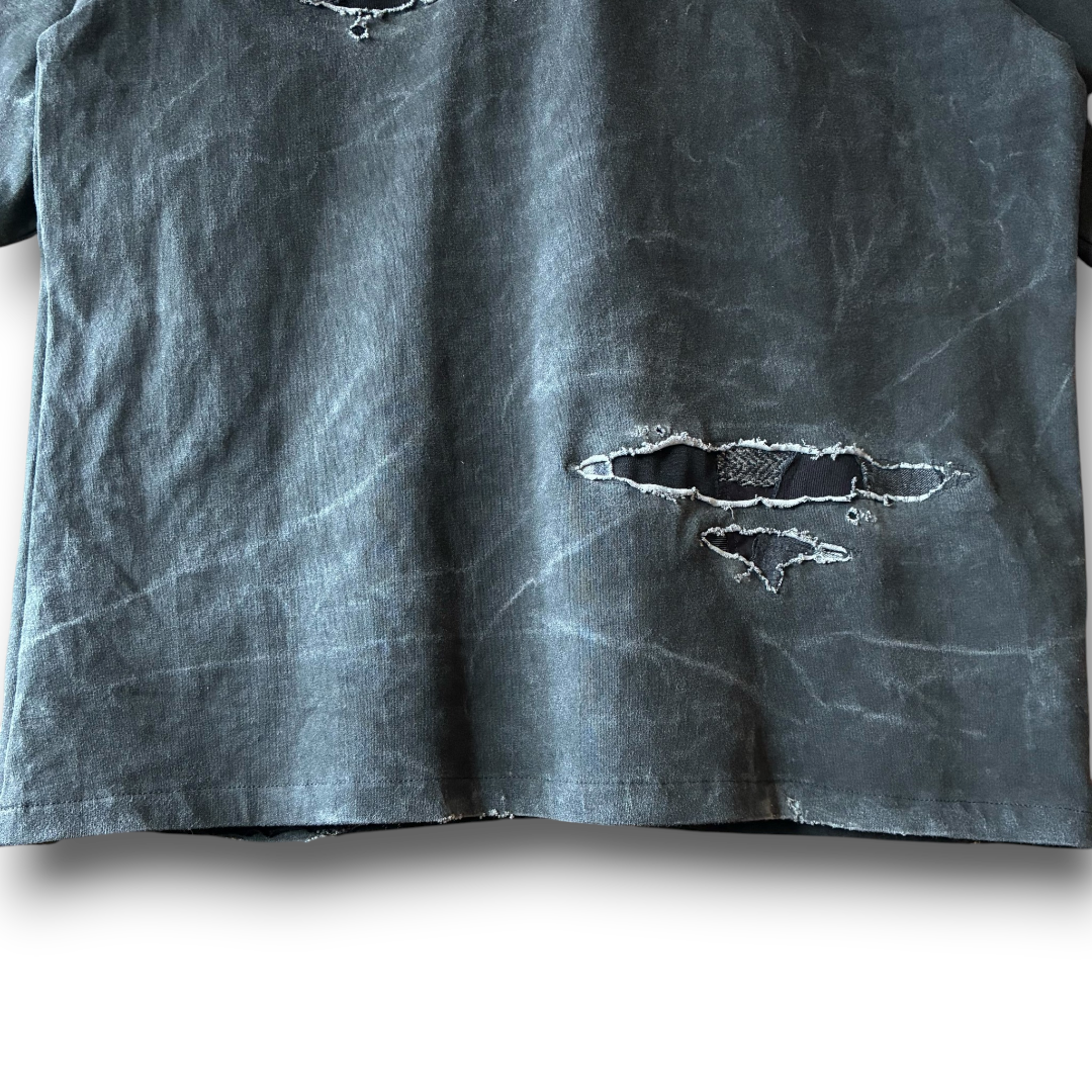 One-of-a-Kind Reconstructed Distressed Fade T-Shirt | Black Patchwork Design | zivun
