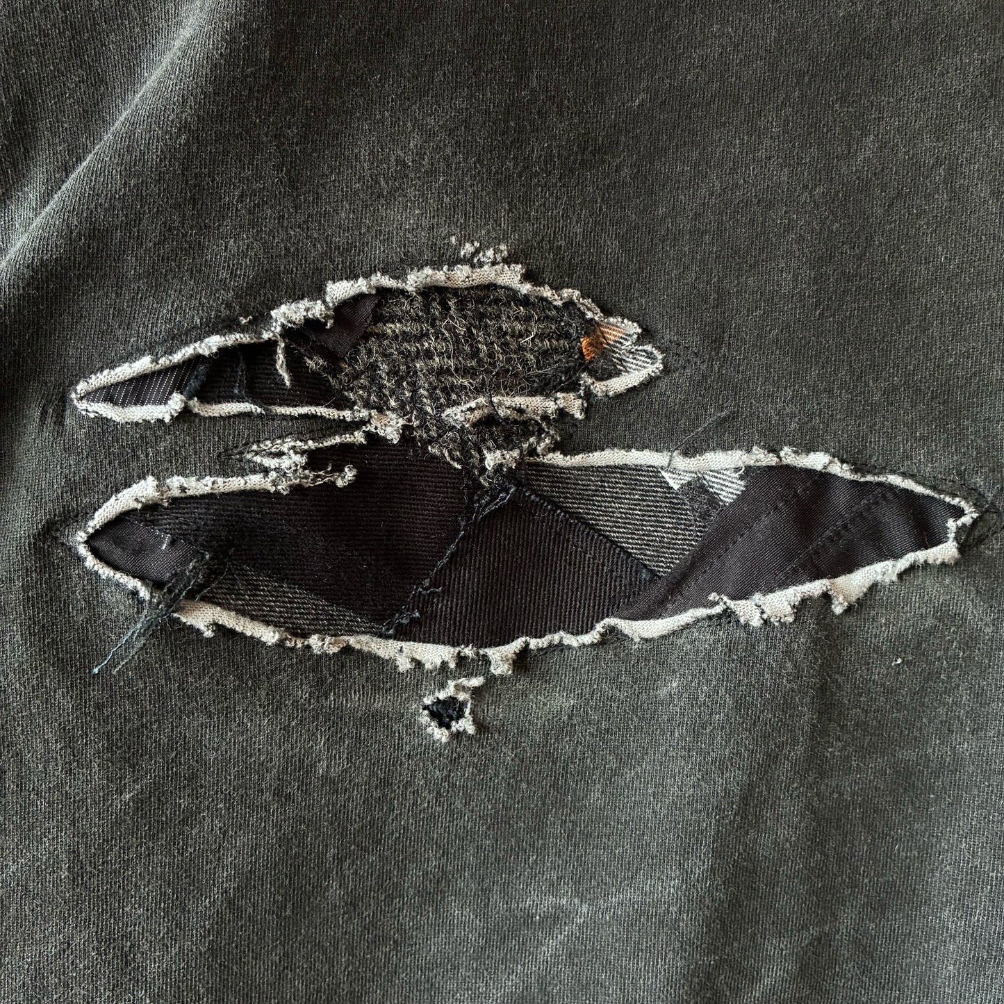 One-of-a-Kind Reconstructed Distressed Fade T-Shirt | Black Patchwork Design | zivun