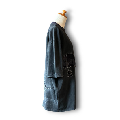 One-of-a-Kind Reconstructed Distressed Fade T-Shirt | Black Patchwork Design | zivun