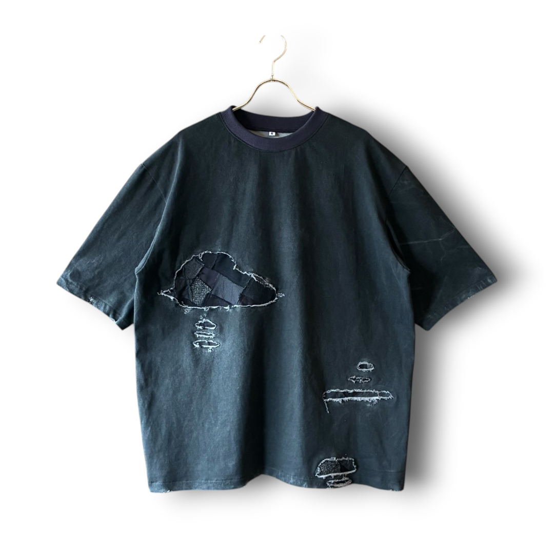 One-of-a-Kind Reconstructed Distressed Fade T-Shirt | Black Patchwork Design | zivun