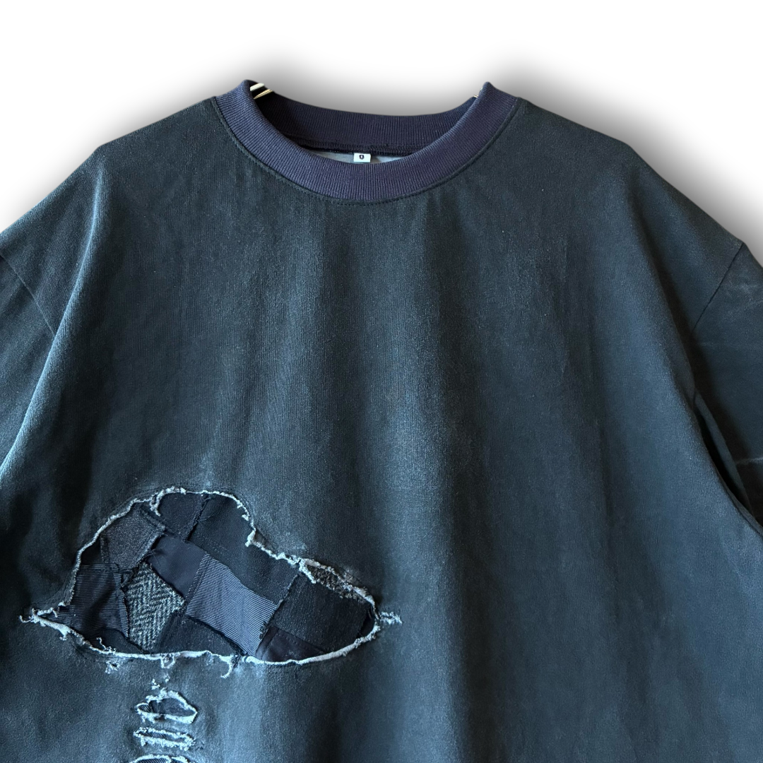 One-of-a-Kind Reconstructed Distressed Fade T-Shirt | Black Patchwork Design | zivun