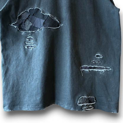 One-of-a-Kind Reconstructed Distressed Fade T-Shirt | Black Patchwork Design | zivun