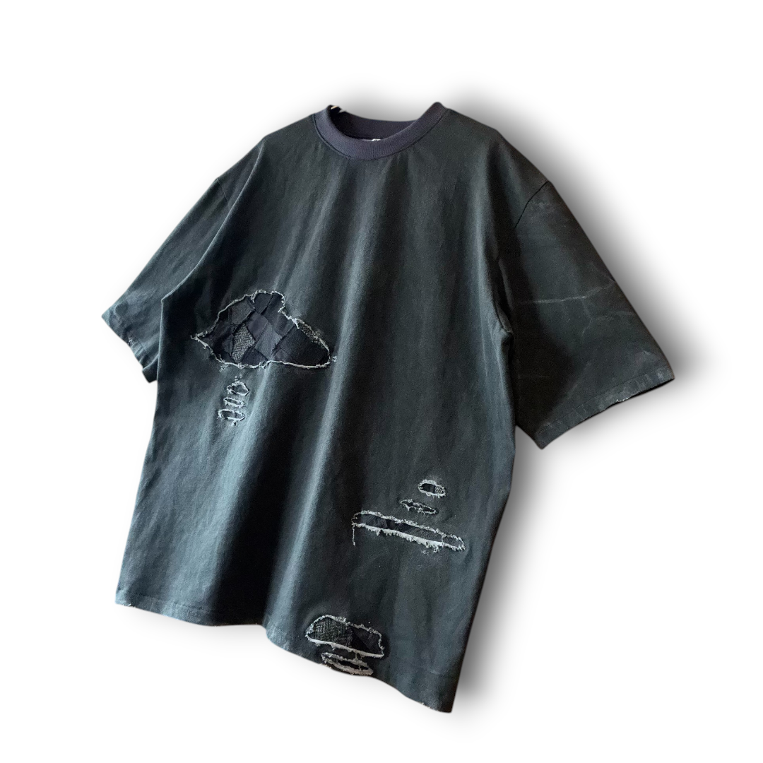 One-of-a-Kind Reconstructed Distressed Fade T-Shirt | Black Patchwork Design | zivun