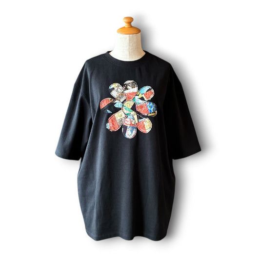 zivun Rebuild Kimono Flower T-Shirt | One-of-a-Kind Japanese Patchwork Tee Black | OLD FLIP