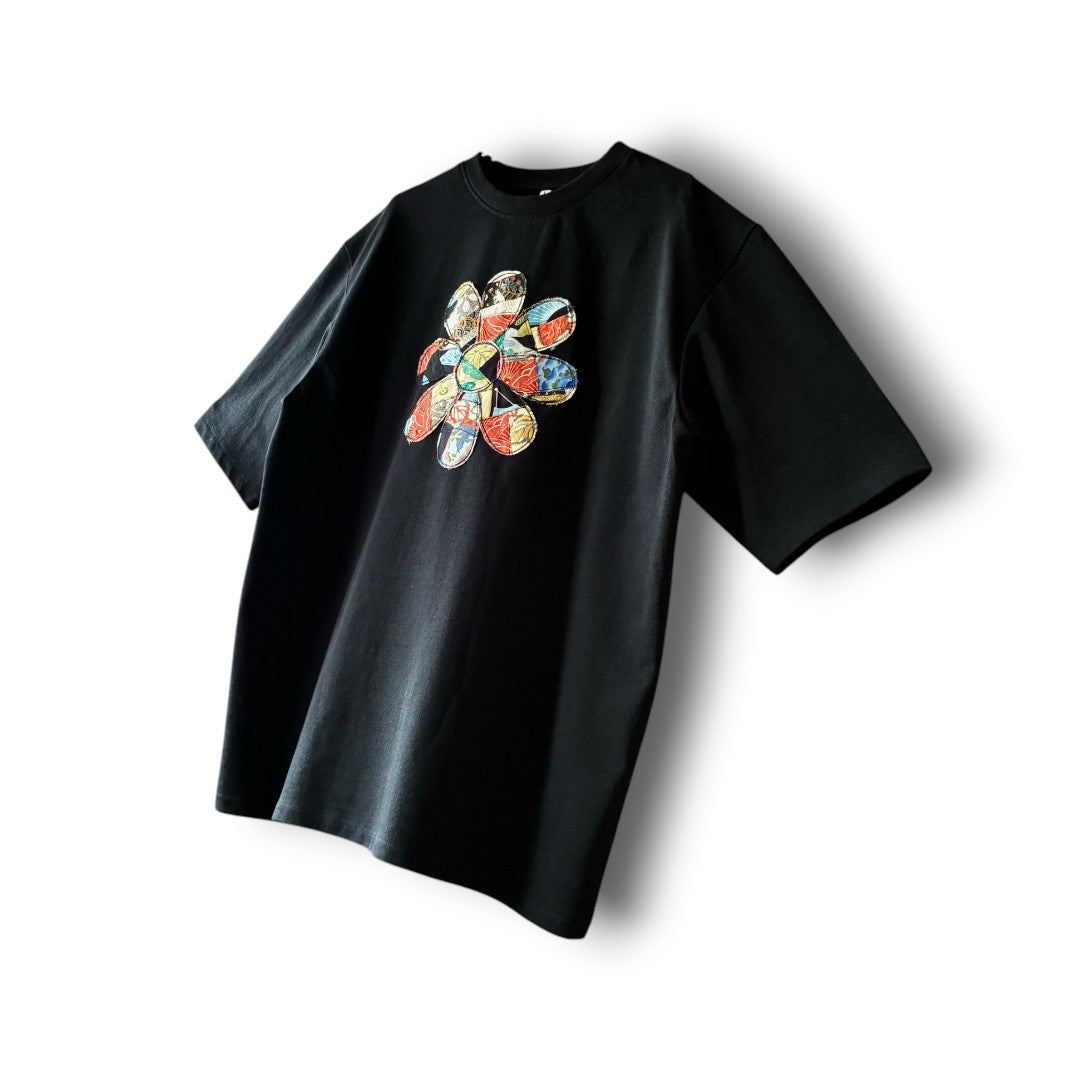 zivun Rebuild Kimono Flower T-Shirt | One-of-a-Kind Japanese Patchwork Tee Black | OLD FLIP