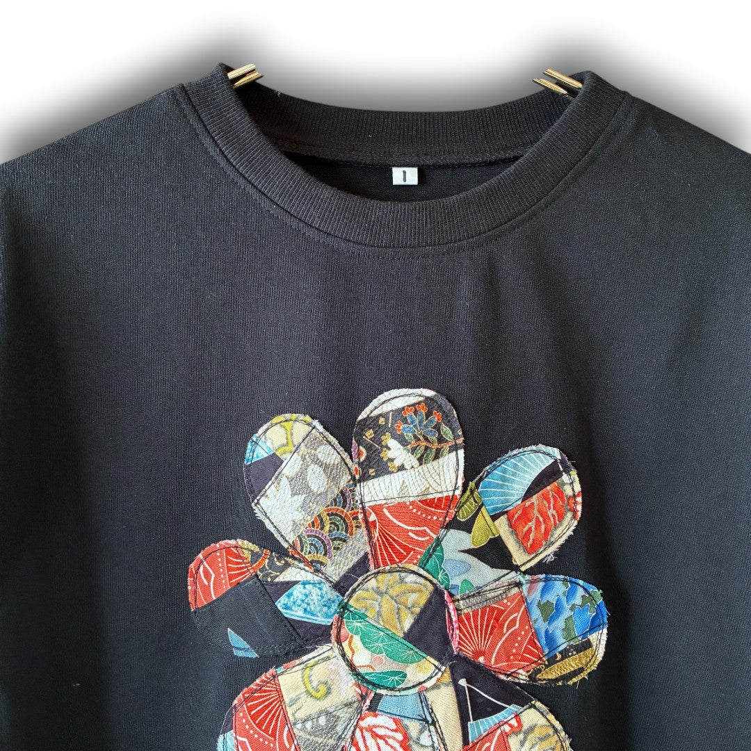 zivun Rebuild Kimono Flower T-Shirt | One-of-a-Kind Japanese Patchwork Tee Black | OLD FLIP