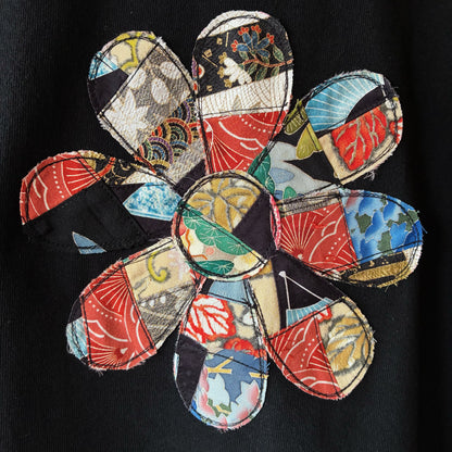 zivun Rebuild Kimono Flower T-Shirt | One-of-a-Kind Japanese Patchwork Tee Black | OLD FLIP