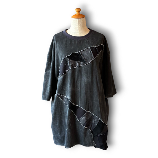One-of-a-Kind Reconstructed Distressed Fade T-Shirt | Black Patchwork Design | zivun
