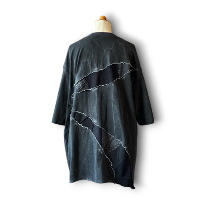 One-of-a-Kind Reconstructed Distressed Fade T-Shirt | Black Patchwork Design | zivun