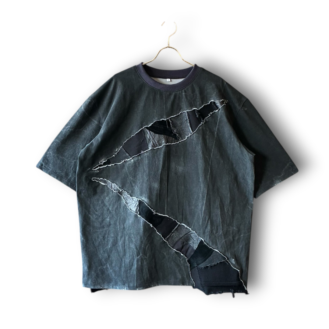 One-of-a-Kind Reconstructed Distressed Fade T-Shirt | Black Patchwork Design | zivun