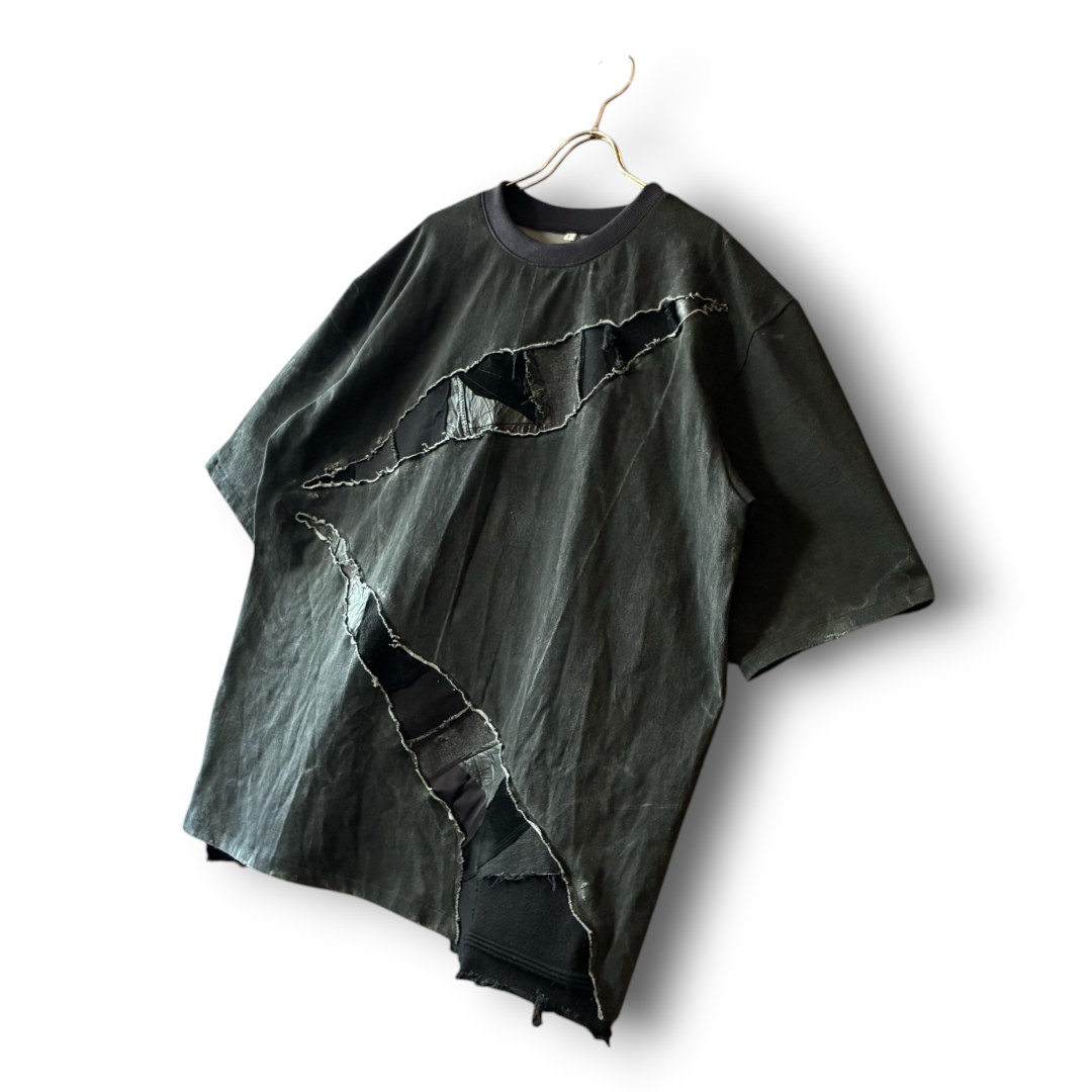 One-of-a-Kind Reconstructed Distressed Fade T-Shirt | Black Patchwork Design | zivun